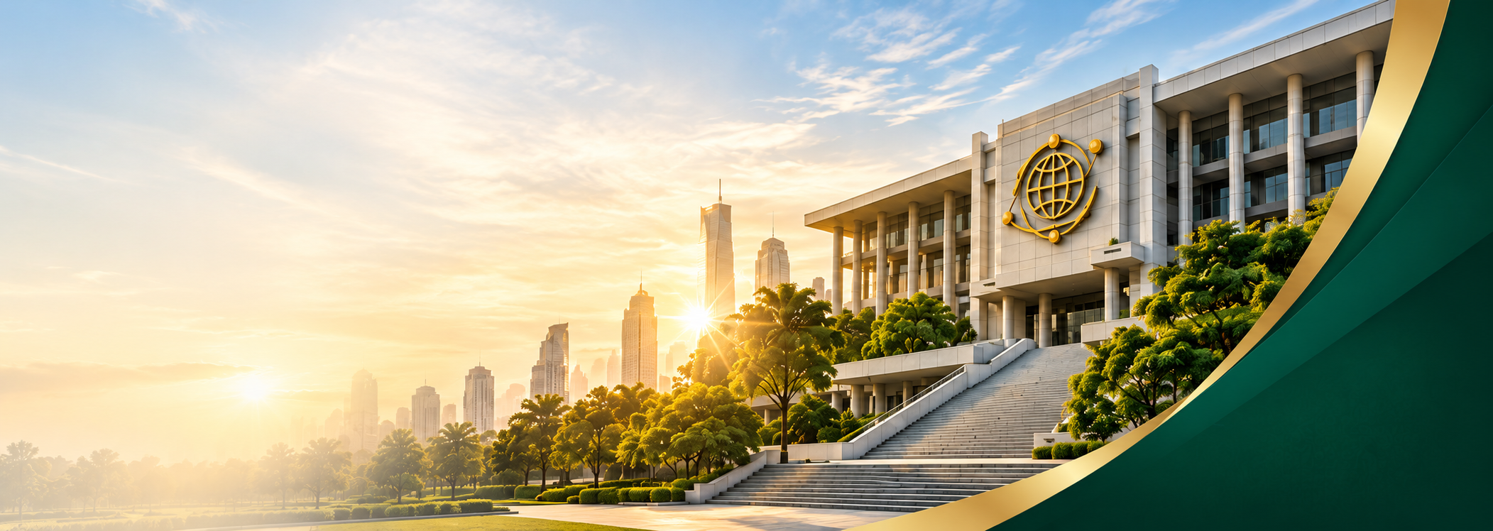 Gedung tata kelola modern dengan lambang globe abstrak pada cahaya pagi